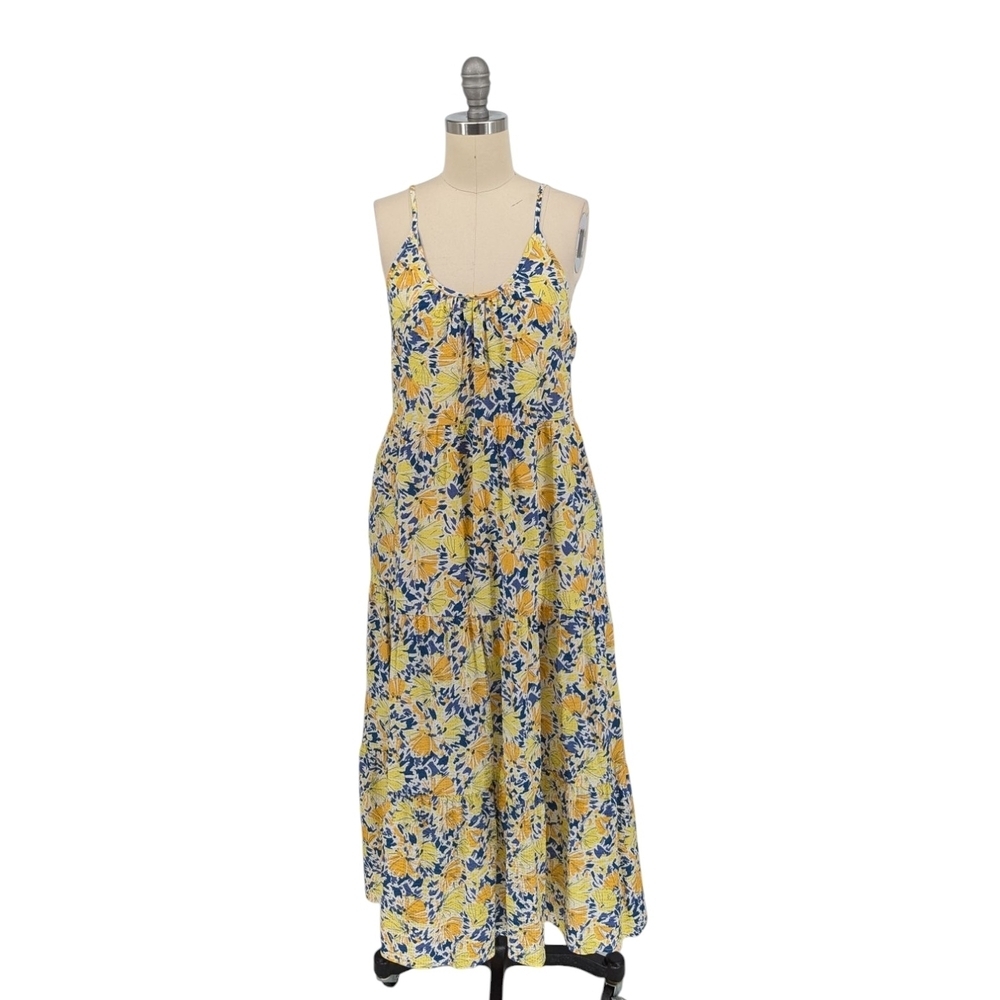 01599 THML Floral Scoop Neck Tiered A Line Midi Dress Yellow Blue S summer boho